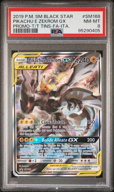 2019 POKEMON BLACK STAR PIKACHU E ZEKROM GX PROMO T/T TINS-FA ITA #SM168 PSA 8