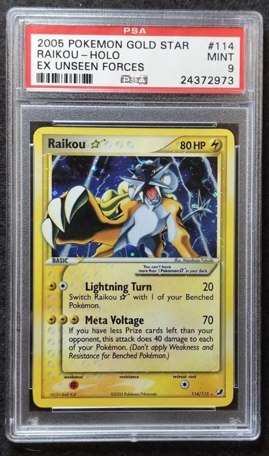 2005 POKEMON GOLD STAR RAIKOU HOLO EX UNSEEN FORCES ENG #114 PSA 9